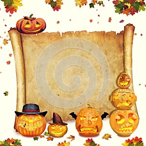 Halloween background scroll sign with foliage and carved orange