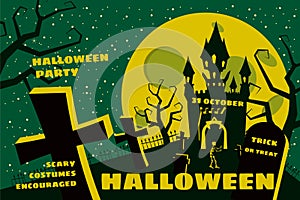 Halloween background with semetery and sceleton, haunted castle, house and full moon. Poster, flyer or invitation