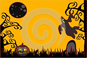 Halloween background silhouette jack o lantern cemetery ghost moon and tree in spooky atmos