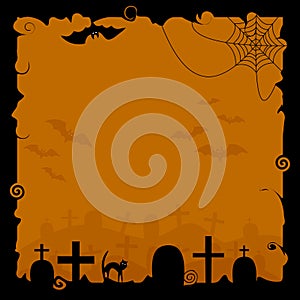 Halloween background with silhouettes of bats, cobwebs and tombstones