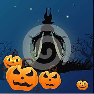 Halloween background with silhouettes Witch and Pumpkin