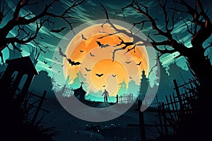 Halloween background with silhouettes of zombies in graveyard, bats, castle and full moon spooky forest with AI-Generated Images