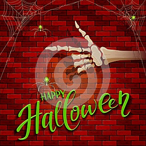 Halloween background with skeleton hand and spider