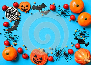 Halloween background with spiders and bats, flat lay