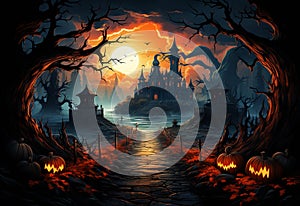 Halloween background with spooky castle in the forest