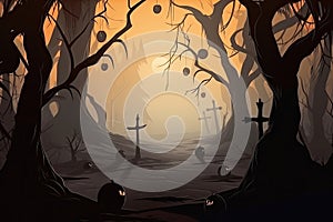 Halloween background Spooky forest with dead trees and pumpkins Generative AI