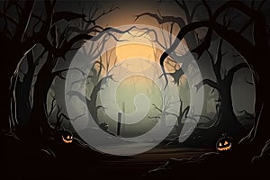 Halloween background Spooky forest with dead trees and pumpkins Generative AI