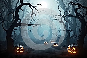 Halloween background Spooky forest with dead trees and pumpkins Generative AI