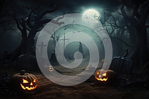 Halloween background Spooky forest with dead trees and pumpkins Generative AI