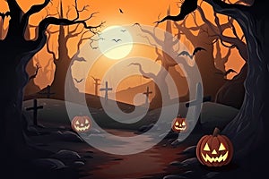 Halloween background Spooky forest with dead trees and pumpkins Generative AI