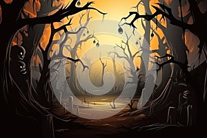 Halloween background Spooky forest with dead trees and pumpkins Generative AI