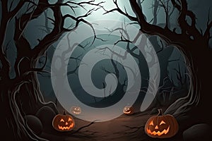 Halloween background Spooky forest with dead trees and pumpkins Generative AI