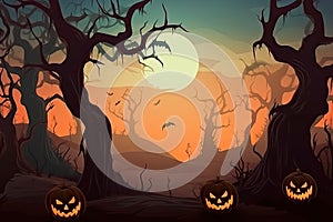 Halloween background Spooky forest with dead trees and pumpkins Generative AI