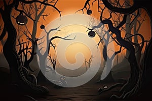 Halloween background Spooky forest with dead trees and pumpkins Generative AI