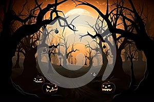 Halloween background Spooky forest with dead trees and pumpkins Generative AI