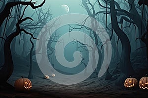 Halloween background Spooky forest with dead trees and pumpkins Generative AI