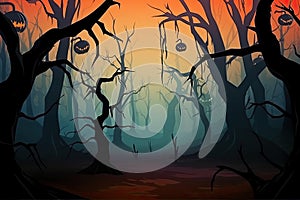 Halloween background Spooky forest with dead trees and pumpkins Generative AI