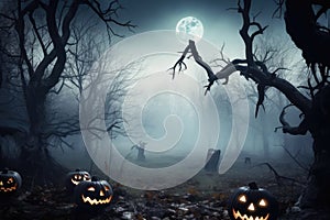 Halloween background Spooky forest with dead trees and pumpkins Generative AI