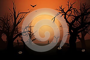 Halloween background Spooky forest with dead trees and pumpkins Generative AI