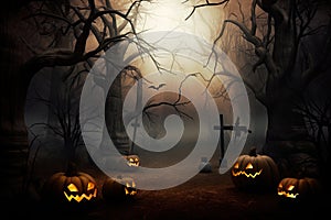 Halloween background Spooky forest with dead trees and pumpkins Generative AI