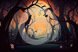 Halloween background Spooky forest with dead trees and pumpkins Generative AI