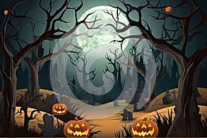 Halloween background Spooky forest with dead trees and pumpkins Generative AI