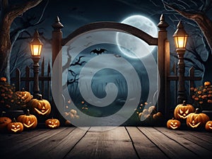 Halloween background. Spooky forest with full moon and wooden tableHalloween spooky background. Illustration AI Generative