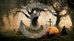 Halloween background. Spooky forest pumpkin in graveyard
