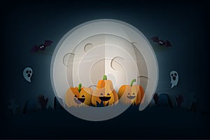 Halloween background in spooky night paper art style.Halloween pumpkins,flying bats and full moon in graveyard