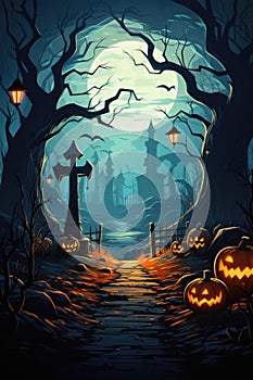 Halloween background spooky scene, creepy pumpkins on scary graveyard.