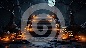 Halloween background with stairs and pumpkins. 3d rendering.