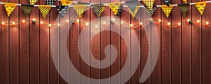 Halloween background with string light and Halloween buntings on wood background.Website spooky or banner template.Vector