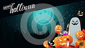 Halloween background, template for your creativity with blue night landscape with full moon over dark forest.