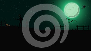 Halloween background, template for your creativity with green night landscape with green full moon, zombie, witches and pumpkins.