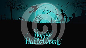 Halloween background, template for your creativity with night landscape with big blue full moon, zombie, witches and pumpkins.