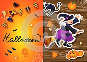 Halloween background with text and stickers on wood