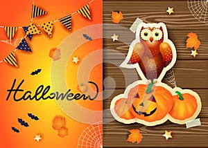 Halloween background with text and stickers on wood.