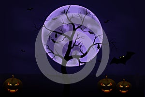 Halloween background with tree, full Moon and pumpkins in dark night isolated. Halloween moon, scary