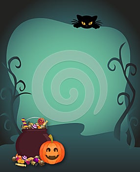 Halloween background Trick or treat. Magic cauldron and sweets