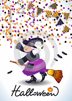 Halloween background with witch, confetti, streamers.