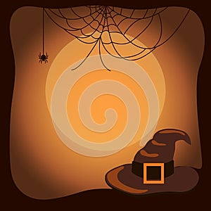 Halloween Background with Witch Hat and Spider Web