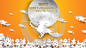 Halloween background with witch, haunted house, moon and broomstick in paper art carving style. banner, poster, Flyer or invitatio