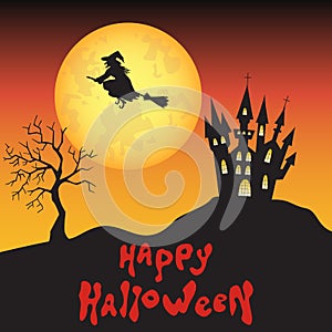 Halloween background with witch, moon and castle.