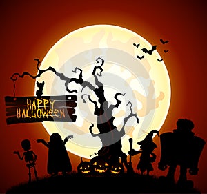 Halloween background with witch, skeleton and monster silhouette