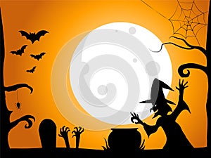 Halloween background, Witches spells, Full moon shine, orange background, vector illustration EPS 10