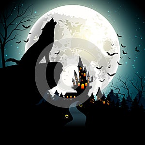 Halloween background with the wolf on full moon