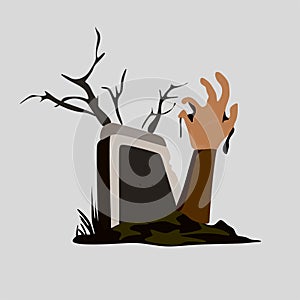 Halloween background with a zombie hand in the cemetery.A zombie hand crawls out of the grave and the inscription RIP