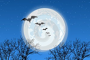 Halloween banner background with flying bats and full moon