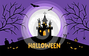 Halloween banner or background with full moon, castle, trees, graveyard, cat, pumpkin, bats, spider and evil eyes