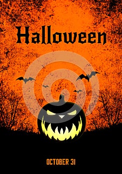 Halloween banner background with Jack-o-lantern pumpkin on cemetery